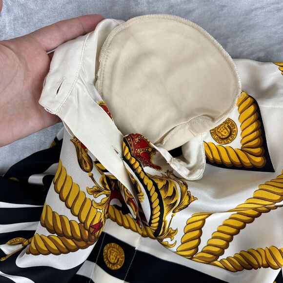 Vtg Francesca of Damon Silk Blouse Women's 4 White Black Stripe Coin Rope (0952) - Picture 8 of 11